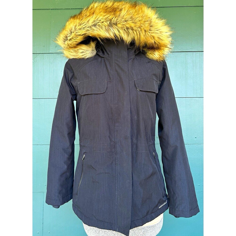 Merrell Bandol Insulated Parka Jacket Coat Hooded XDry Faux Fur Trim Black XS